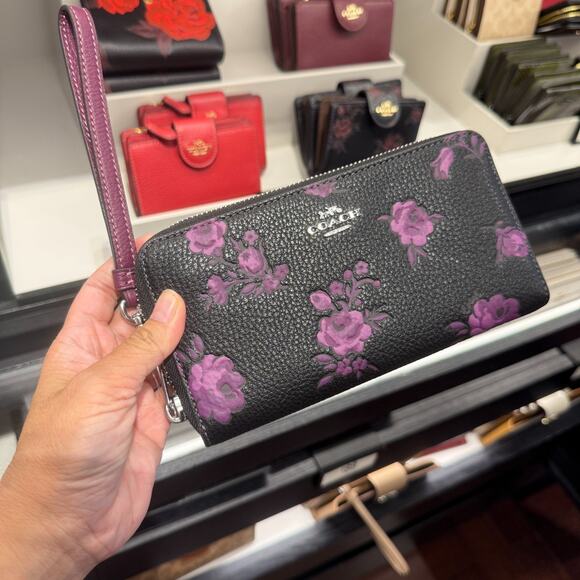 Coach Long Zip Around Wallet With Floral Print CCL36 Black/Purple - Picture 1 of 4